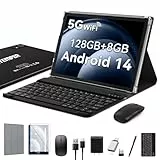 Android 14 Tablet 10 Zoll, 2025 Newest Tablet PC mit 5G WiFi | 8GB RAM+128GB ROM (TF1 TB) | Octa-Core | 1280*800 | GMS丨7000mAh丨13MP+8MP丨BT 5.0 | Face ID丨Tablets mit Tastatur Maus Stift Hülle, Schwarz