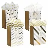 4 Stück Geschenktüten, Geschenktüten mit Henkel, Weiß Gold Geschenktüte mit Schleifenbändern Geburtstag 23x18x10 cm, Geschenktüte 4 Muster für Geschenke Einkaufen Party Hochzeit