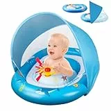 Olycism Schwimmring Baby mit Sonnendach UPF50+ – Doppelter Kreis Sicherheitsschwimmring für 6-36 Monate, mit Lenkrad & 2 Flickzeug, kindgerechtes PVC, belastbar bis 20 kg, Blau