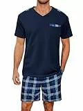 Litherday Schlafanzug Herren Kurz Baumwolle Sommer Pyjamas Set Zweiteiliger Kurzarm mit Taschen Karierter Nachtwäsche Sleepwear für Männer Dunkelblau XL