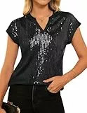 GRACE KARIN Damen Pailletten Bluse Oberteile Elegant V Ausschnitt Kurzarm Cocktail Club Night Outfits L Schwarz