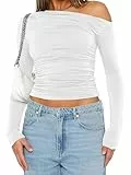 OOHOKAY Schulterfreies Oberteil Langarmshirt Damen Basic Tshirt Casual Y2K Slim Fit Crop Tops(Weiß-j,XS)