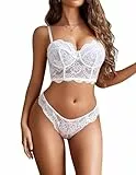 Avidlove Dessous Damen Sexy Unterwäsche Spitze Reizwäsche Mit Bügel-BH und Slip Lingerie Set Push up Curvy Bra Babydoll Nachtwäsche Outfit Weiß M