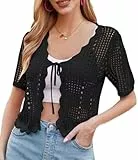 Kate Kasin Damen Elegante Strickjacke mit Kurzen Ärmeln Einfarbig V Ausschnitt Hohle Textur Zum Ausgehen Schwarz L