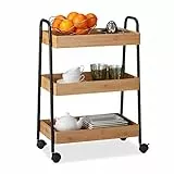 Relaxdays Servierwagen Bambus, 3 Ablagen, 360° drehbare Rollen, mit Griffen, Stahlgestell, HBT 70x49x28cm, Natur/schwarz
