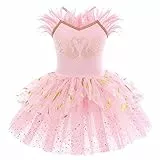 IWEMEK Mädchen Ballettkleid Ärmellos Pailletten Schwan Rückenfrei Balletttrikot Ballettanzug Kinder Tanzkleid Federn Rüschen Tütü Rock Gymnastik Ballerina Tanzbekleidung Rosa + Feder 7-8 Jahre