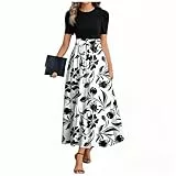 XIADUOBAAN Kleider Damen Sommer Lang Blumen Sommerkleider Leicht Und Luftig Rüschen Elegantes Damen Maxikleid Mit Blumenmuster Kurzarm Rundhals Sommerkleid Für Freizeit Und Besondere Anlässe