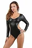 MISS NOIR Damen Wetlook Rückenfreier Body mit lange Ärmel (S-3XL) Hakenverschluss Hinten Bodysuit Party Clubwear, Schwarz (18534-BK), S-M