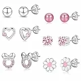 RANKEEF 6Paare 925 Sterling Silber Ohrringe für Mädchen Damen Hypoallergene Ohrringe Tiny Herz Hoop Ohrringe CZ Ball Schmetterling Daisy Gestüt Sets für Teenager Kinder Kleinkind Rosa Silber
