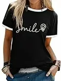 WIEIYM Damen T-Shirt Rundhals Kurzarm Tshirts Sommer Tshirt Damen Oberteile Hemd Leichtes Shirt Gedruckt Lässig Tee Tops Bluse,Schwarz,L