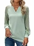 BAISHENGGT Baronin Tunika Damen V Ausschnitt T Shirt Raglan Spitzenärmel Bluse Shirts Lässige Elegante Streetwear Langarm Oberteil Tops Hellgrün L