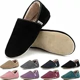 JACKSHIBO Hausschuhe Damen Herren Warme Plüsch Pantoffeln Weiche Leicht Leder Hüttenschuhe Bequeme Rutschfest Drinnen Barfußschuhe Slippers(Schwarz(Plüsch),EU42/43)