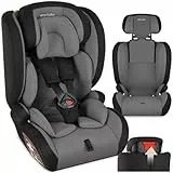 tectake® Autositz mit 5-Punkt-Gurt, i-Size Zulassung, mit Seitenaufprallschutz, Kindersitz Sitzerhöhung für Kinder von 76-150 cm, bis 36 kg, Kindersitzerhöhung, ohne Isofix - dunkelgrau/schwarz