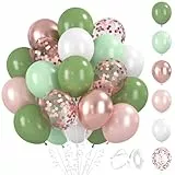 BlooMoo 60 Stück Luftballons Grün Rosegold, 12 Zoll Latex Luftballons Grün Rosa Weiß, Metallic Ballons und Konfetti Ballons Set, für Geburtstag Hochzeit Party Dekoration