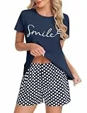 UMIPUBO Schlafanzug Damen Kurz Shorty Pyjama Sommer Zweiteiliger Set Nachtwäsche Kurzarm Loungewear Oberteil und Elastischer Bund Schlafshort Mit Taschen Hausanzug Weich Sleepwear Pjs (Marineblau, L)