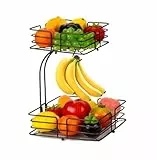 REEKOS Obstschalen Obstkörbe Obstschale 2-stöckiger Quadratischer Obst- Und Gemüsekorb Zur Aufbewahrung Von Obst Und Gemüse Mit Bananenaufhänger Aus Schwarzem Eisen Obstkorb Obst Etagere