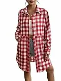 UNibelle Damen Kariertes Hemdbluse Knopfleiste Langarm Oktoberfest Bluse Karo Tunika Casual V-Ausschnitt Oberteile 3/4 Ärmel Freizeithemd Rot S