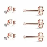 CERSLIMO 3 Paar 2mm Klein Ohrstecker Zirkonia Silber 14K Gold Rosegold Ohrringe Set für Damen Herren Geschenk