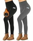 Missluck 2er Pack Thermoleggings Damen Winter Mit Taschen, High Waist Thermohose Gefüttert Fleece Thermounterwäsche Für Sport Gym （Dunkelgrau/Schwarz,L/XL）
