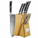 Sunnecko 6tlg Damastmesser Messerblock mit Messer - Messer Set mit Block Damaststahl Klinge Ergonomischer Griff, Messerset mit Küchenschere Messerhalter