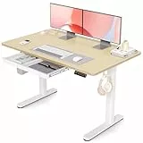 Claiks Höhenverstellbarer Schreibtisch 120x60cm mit Schublade, 80kg Tragkraft Elektrisch Schreibtisch Höhenverstellbar mit 3-Funktions-Memory und 2 Kopfhörerhaken, Standing Desk with Drawer, Beige