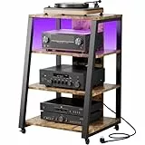 Lifewit 4-stufiger HiFi Regale mit Rädern und verstellbaren Ablage, Plattenspieler Tisch mit Steckdosenleisten und LED-Leuchten, AV-Medienständer Für Wohnzimmer/Heimkinoer, 60 x 55 x 90 cm, Schwarz