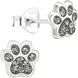JAYARE Kinder-Ohrringe Silber 925 Mädchen Pfoten-Ohrstecker Hunde Katzen Glitzer-Kristalle grau
