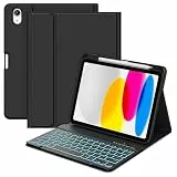 MMK Hülle mit Tastatur für iPad A16 11 Generation 2025/10 Generation 2022(11/10.9 Zoll), 7-Farben Beleuchtung Abnehmbare Kabellose Bluetooth Tastatur Schutzhülle mit Stifthalter, QWERTZ, Schwarz