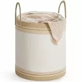 SONGMICS Wäschekorb, Wäschesammler, Aufbewahrungskorb, Baumwollseil, mit Henkel, für Decken, Kleideraufbewahrung, Schlafzimmer, Waschküche, 60 L, wolkenweiß-kamelbraun RLH060K01