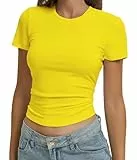 Damen Basic T Shirts Sommer Tops Crop Kurzarm Y2k Tee Cute Gym Mode Workout(1a#Yellow,S)