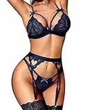 RSLOVE Damen Dessous Set mit Strumpfhalter - 3-teiliges Spitzen Teddy Babydoll Bodysuit Dunkel Blau Mittel