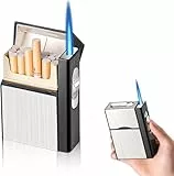 Nizirioo Zigarettenetui mit Feuerzeug: Winddichtes Feuerzeug Gasfeuerzeug Sturmfeuerzeug, Aluminium Zigarettenbox Kann 20 Fassen, USB Laden (Silber, Verkauft ohne Gas)