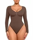 FeelinGirl Damen Bodysuit mit Bauchkontroll-Effekt, Formende Shapewear Nahtloser Body Shaper String V-Ausschnitt Langarm Voll bedeckend Schokolade L