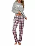 Marvmys Schlafanzug Damen Lang Winter Baumwolle Pyjama Set Zweiteilig Gemütlich Rundhals Herz-Print T-Shirt Karierte Hose