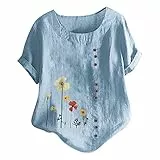 KOG Damen T-Shirt Freizeit Leinenhemd Tee T-Shirt Elegante Baumwolle Bluse T-Shirts Retro Mode Motiv Blusen & Tuniken Teenager Rundhals Sommer Tshirt Blau 5XL