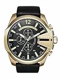 Diesel Herrenuhr Mega Chief, Chronographenwerk, 51mm Goldenes Edelstahlgehäuse mit Lederarmband, DZ4344