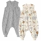 Unnivoll Baby Schlafsack mit Füßen 0,5 Tog Schlafsack Baby Sommer 2er Pack Baumwolle Schlafsack mit Beinen Babyschlafsack Weich 80 cm für Jungen Mädchen Beige Grau Elefanten