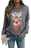 WIEIYM Weihnachts-Sweatshirt für Damen, Rentier-Grafikdruck, langärmelig, Unisex, lässiger Rundhalsausschnitt, Sweat-Tops für Damen/Herren, S-XXL, 1-grau, S