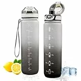 NAVTUE Trinkflasche, 1l Wasserflasche mit BPA-frei, Zeitmarkierungen, Auslaufsicher Sport trinkflasche für Fitness, Radfahren, Büro, Laufen, Fitnessstudio, Yoga (SchwarzGrau)