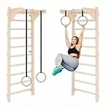 Sprossenwand mit verstellbaren Holzringen, Trainingsgerät für Erwachsene und Kinder, Heim-Fitness, Kraft- und Mobilitätstraining, Naturholz, Wandmontage, Made in EU, 100% ECO