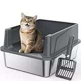 FURTIME Katzenklo Edelstahl, Katzentoilette Edelstahl 18L mit Schaufel, Katzenklo Metall mit Hochwandigem Seitengehäuse Auslaufsicher Gegen Verschüttungen für Kätzchen,Neugeborene Katze, 44x34x21cm