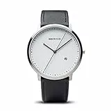 BERING Unisex Quarz Uhr | Armbanduhr 39 mm silbernes Edelstahlgehäuse und weißes Zifferblatt | Kalbslederarmband | Saphierglas | 3 ATM | 11139-404