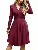 Florboom Damen V-Ausschnitt Freizeitkleid Herbst Langarm A-Linie Midikleid, Lässige Kleider mit Taschen (Weinrot, S)