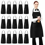 15 Stück Köche Schürze, Schwarze Schürze mit 2 Taschen, Verstellbare Nackenband Schürze, Waschbar Unisex Küchenschürze, Kellner Arbeitsschürze, Cook Apron für Küche, Kochen, Backen, BBQ und Café