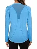 Wayleb Sportshirt Damen Langarm, V-Ausschnitt Sport T-Shirt Longesleeve Leicht Atmungsaktiv Funktionsshirt Laufshirt Trainingsshirt Back Mesh Locker Lang Sportoberteile, Himmelblau XXL