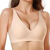 JOYTREE Glatter Bügelloser BH Damen Ohne Bügel mit tiefem V-Ausschnitt Soft Nahtloser BHS Seamless Tshirt Schlaf Bra Klassische Gepolstert Bustier Bequem Bralette Ohne Buegel Fleischfarben 2XL