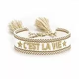 Generisch gewebtes Armband, Freundschaftsarmband, Webarmband, besticktes Armband (C´EST LA VIE weiß/beige)