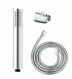 WENKO Basic Line Duschkopf-Set 3tlg., Stab Handbrause mit Regenstrahl-Funktion, 150 cm Schlauch, 3,3 x 22 x 3,3 cm, Chrom