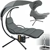 tectake® Hängeliege mit Gestell, Schwebeliege, Schwingliege mit Sonnendach, Schaukelliege, Hängesessel inkl. Tasche, Polsterauflage mit Kopfkissen, für Garten, Terrasse und Balkon - grau