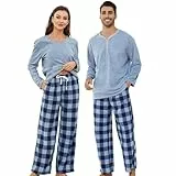 U2SKIIN Schlafanzug Damen Fleece Pyjama lang Karierte Schlafanzüge für Damen Kuschel Pyjama Set warme Nachtwäsche Loungwear (Blau Mel./Marineblau Mel. Kariert-W, XL)